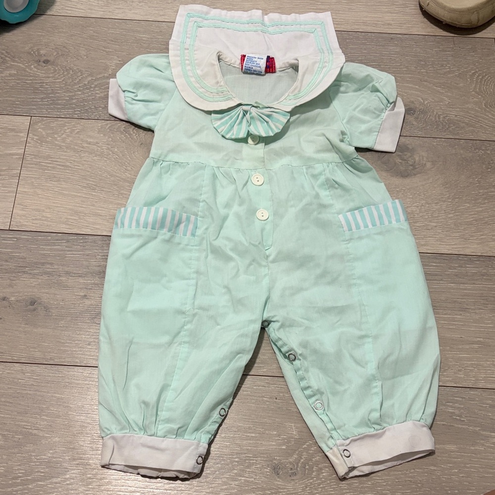 Mint Baby Romper with Striped Pocket Accents